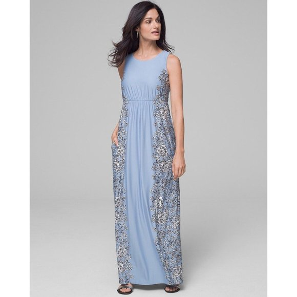 Soma Dresses & Skirts - Soma Floral High Neck Jersey Maxi Dress Large Light Blue Pockets Empire Waist